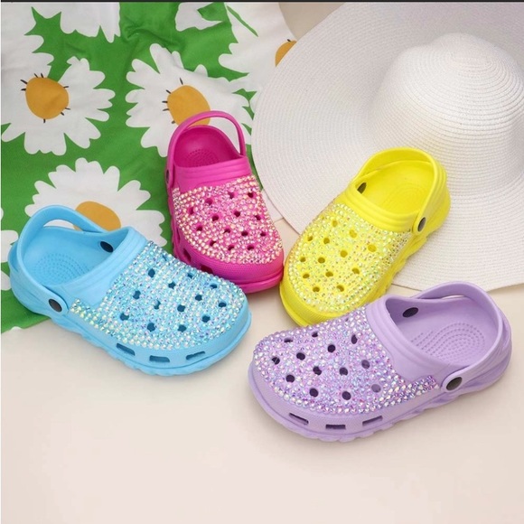 Hot Pink Bling Rhinestone Crystal Slip On Rubber Sandals Croclike Clogs Shoes - Picture 4 of 4